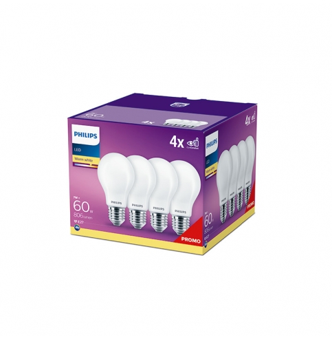 Pack 4 Bombilla LED Philips E27 A60  7W 806Lm 2700K [PH-929001243094]