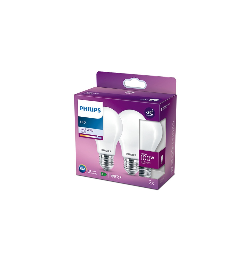 Pack 2 Bombilla LED Philips E27 A60  10.5W 1521Lm 4000K [PH-929002026557]