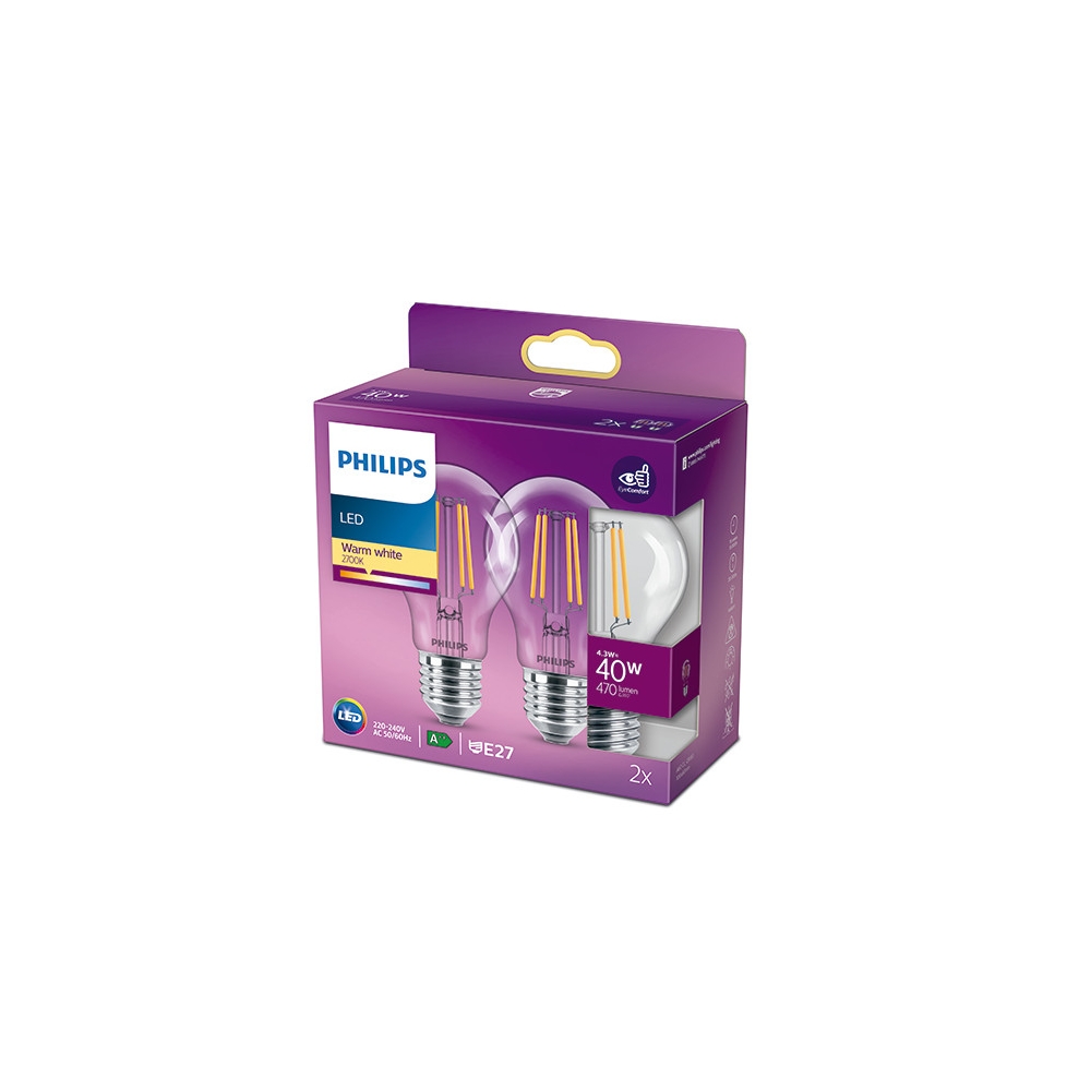 Pack 2 Bombilla LED Philips E27 A60   4.3W 470Lm 2700K [PH-929001890067]