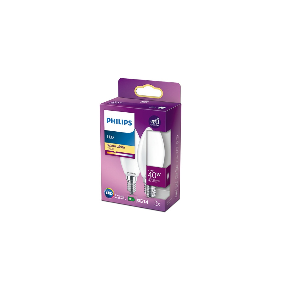 Pack 2 Bombilla LED Philips E14 B35  4.3W 470Lm 2700K [PH-929001345367]