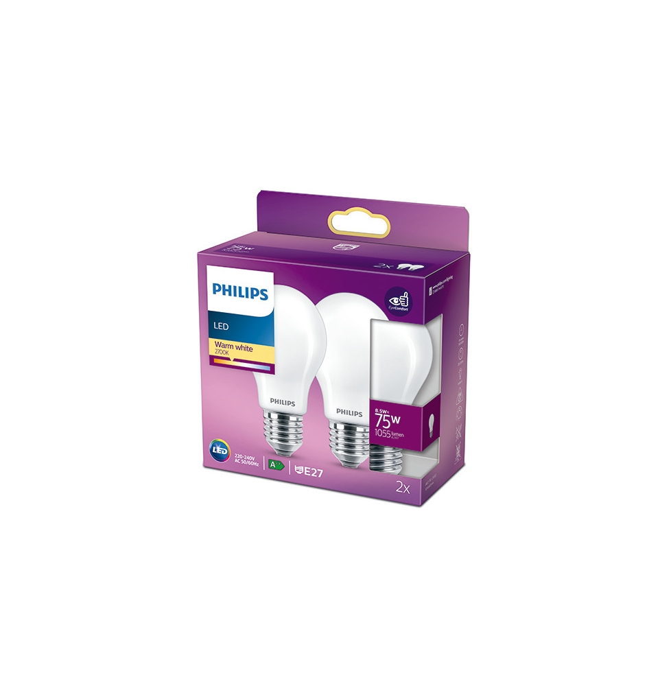 Pack 2 Bombilla LED Philips E27 A60  8.5W 1055Lm 2700K [PH-929002025757]