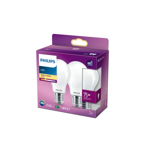 Pack 2 Bombilla LED Philips E27 A60  8.5W 1055Lm 2700K [PH-929002025757]