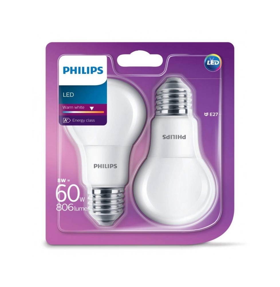 Bombilla de LEDs Philips 8W 806Lm E27 A60 (Blister 2 Unidades) - Blanco Cálido
