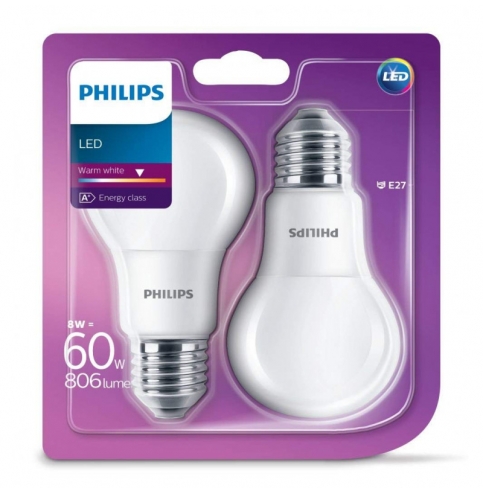 Bombilla de LEDs Philips 8W 806Lm E27 A60 (Blister 2 Unidades) - Blanco Cálido