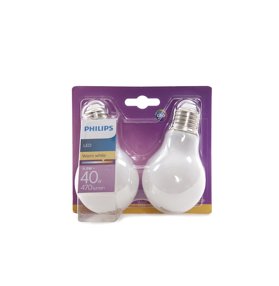 Bombilla LED Philips E27 A60 4,5W 470Lm Blanco Cálido (2 Unidades)