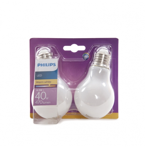 Bombilla LED Philips E27 A60 4,5W 470Lm Blanco Cálido (2 Unidades)