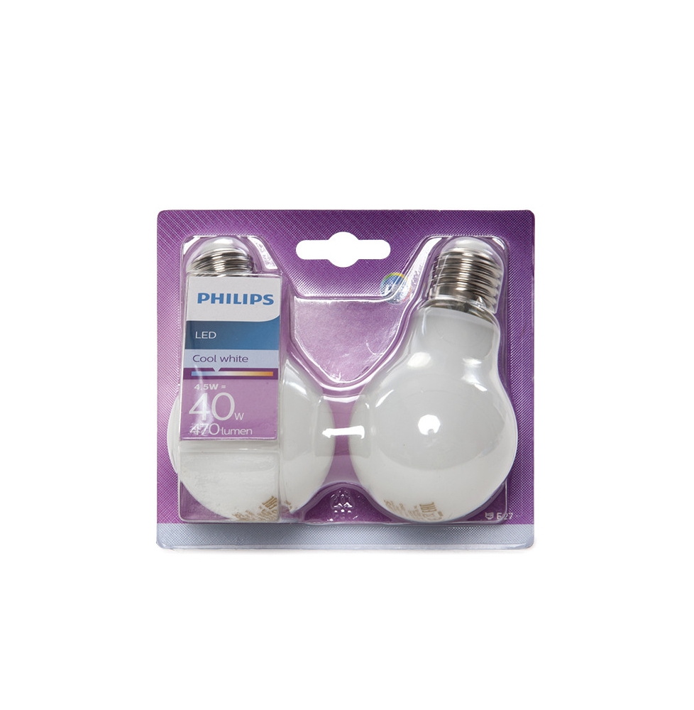 Bombilla LED Philips E27 A60 4,5W 470Lm Blanco Natural (2 Unidades)