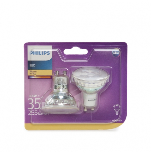 Bombilla LED Philips GU10 36D 3,5W 255Lm Blanco Cálido (2 Unidades)