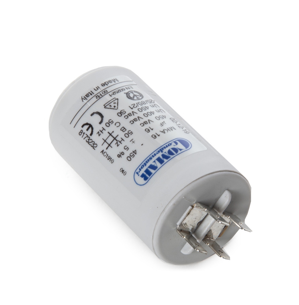 TECNID Anlaufkondensator MG8160 – 16µF, 450V, Rund, Weiß, Mit M8-Gewinde Und Faston 6,4mm, Für Einphasenmotoren, Dauerbetrieb – 3000 Stunden Lebensdauer